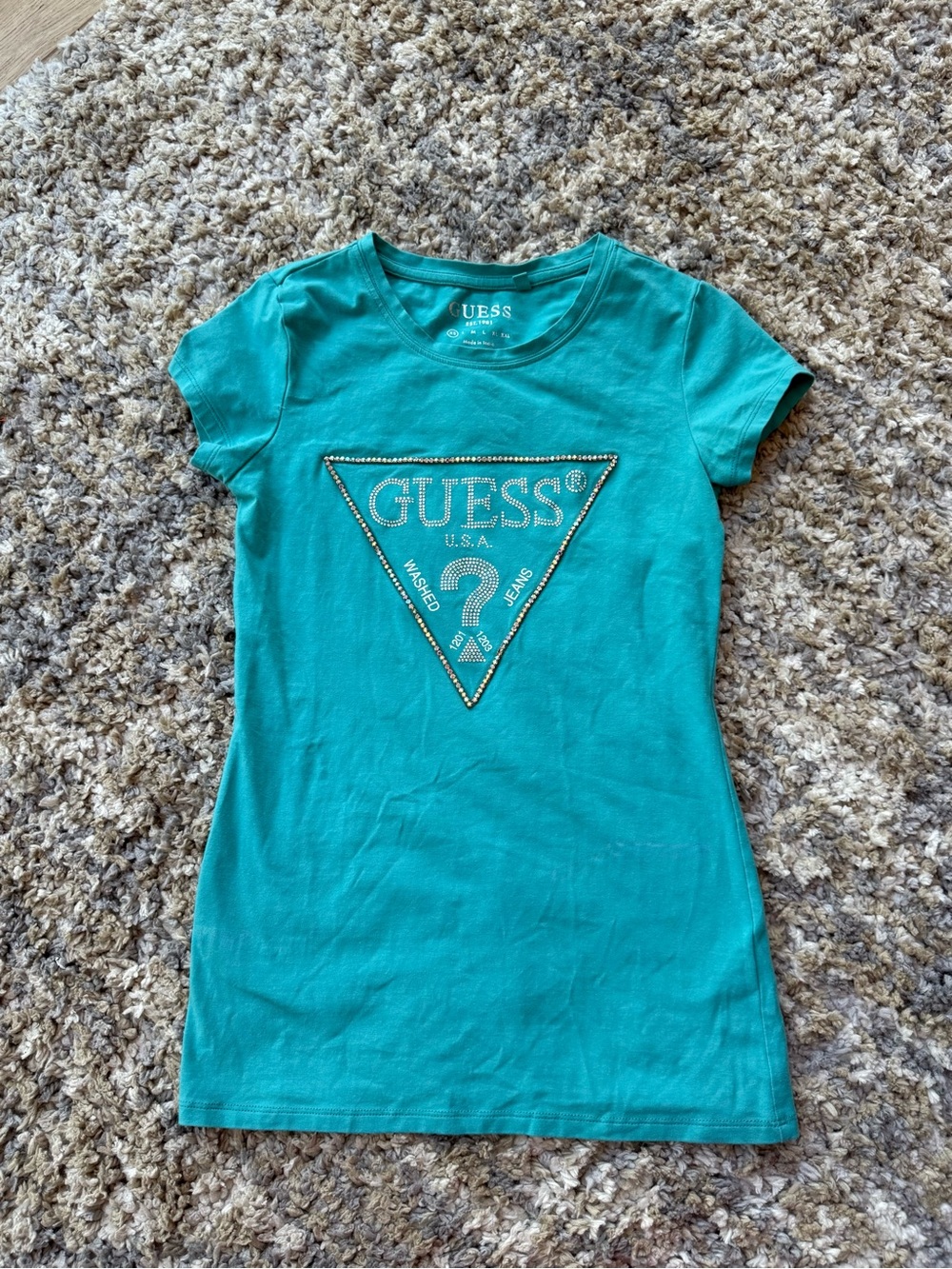 Guess Teal Short Sleeve Rhinestone Logo Tee